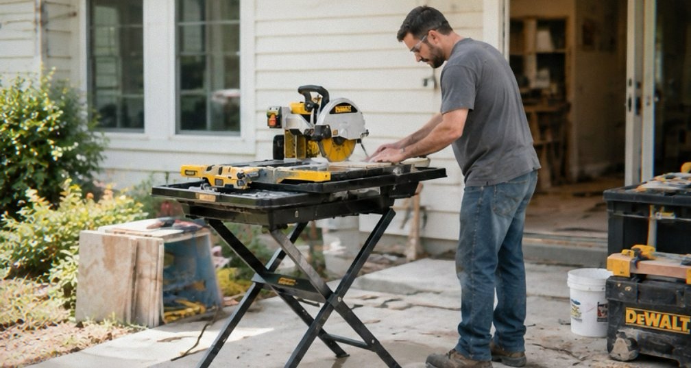 DEWALT D24000S 10-inch wet tile saw mounted on its folding stand