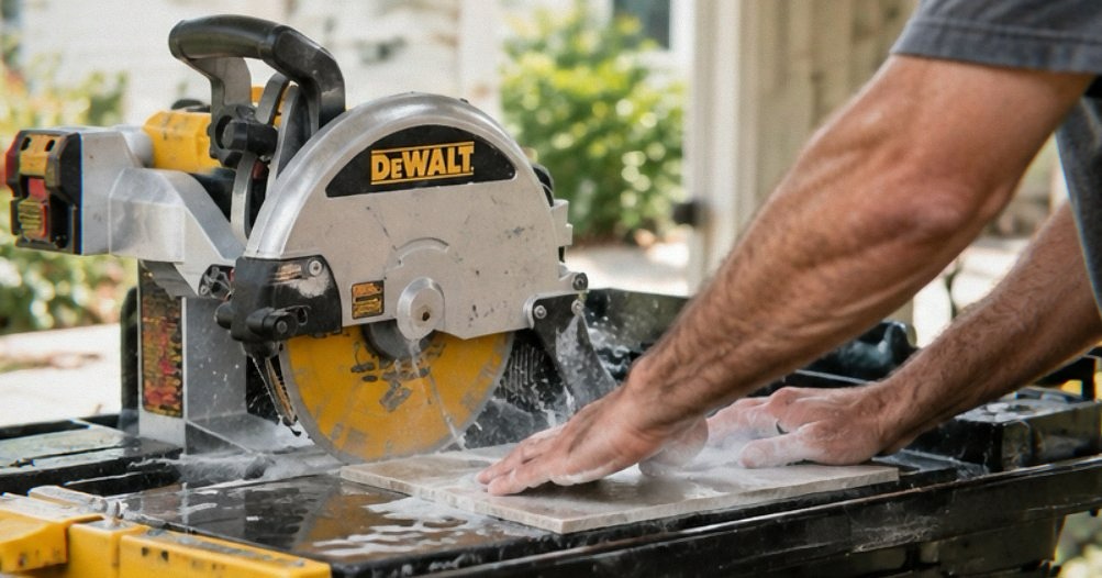 DEWALT D24000S 10-inch wet tile saw mounted on its folding stand