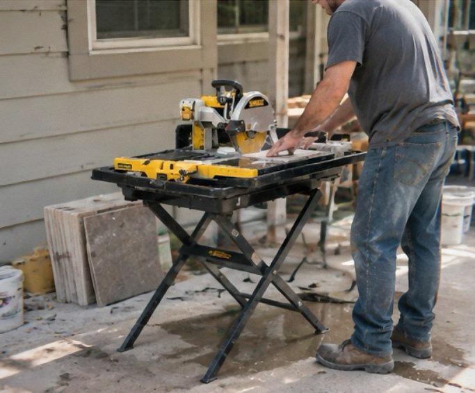 DEWALT D24000S 10-inch wet tile saw mounted on its folding stand